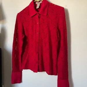 Notations Petite Vintage-Inspired Red Lace Button-Up Blouse | Romantic Sheer